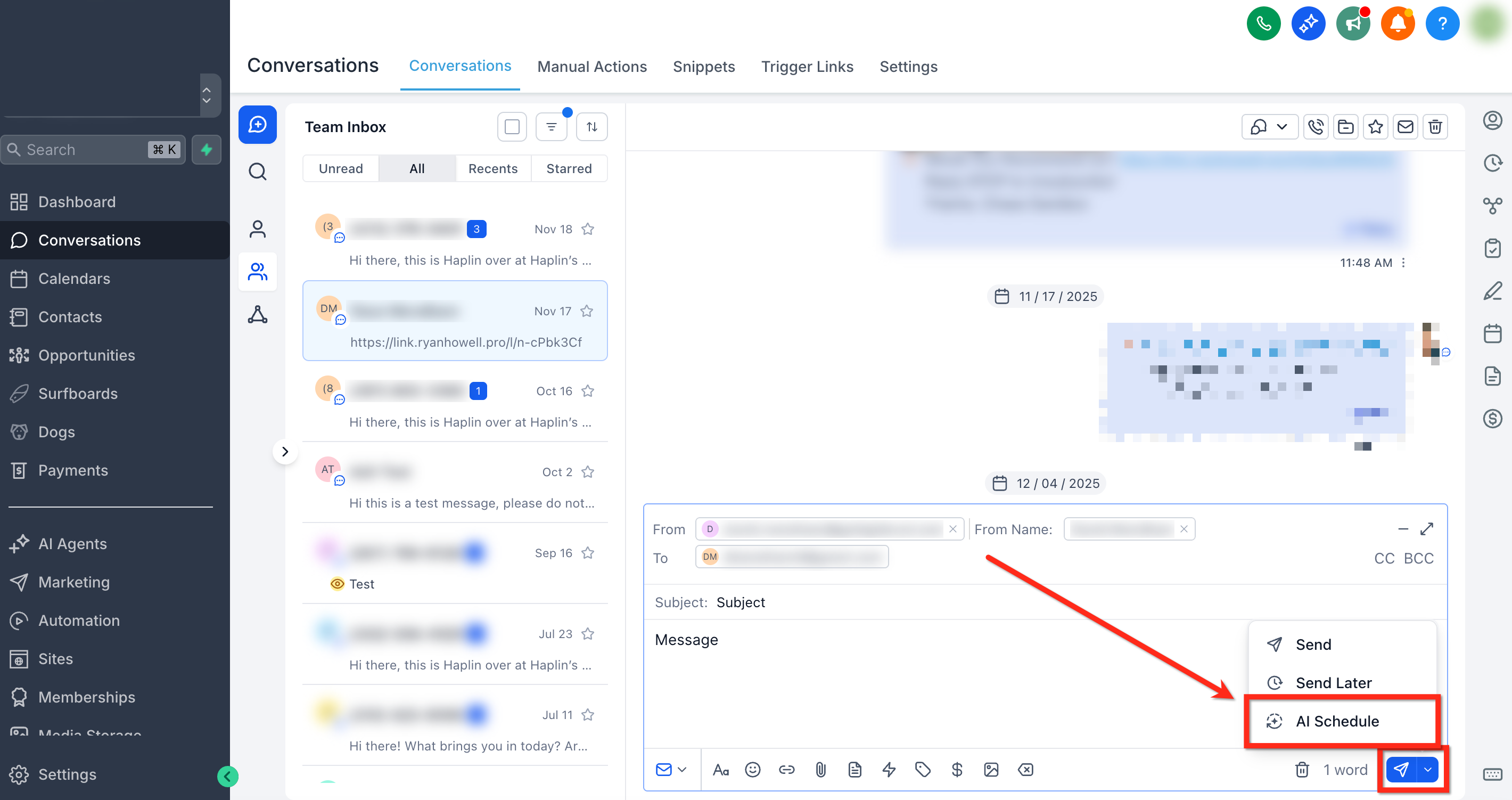 Send menu open with AI Schedule option highlighted