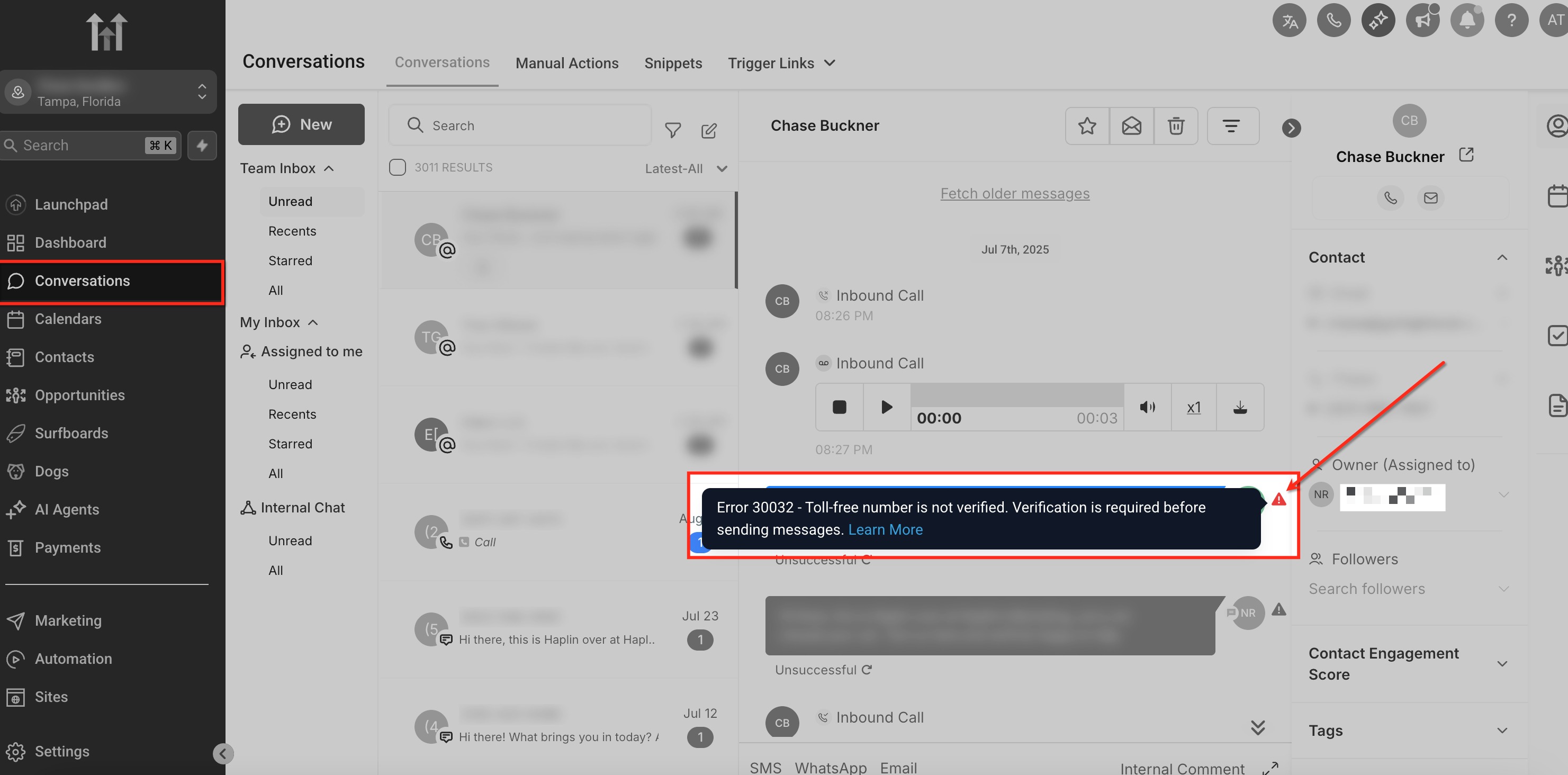 Screenshot of error message displayed in Conversations View