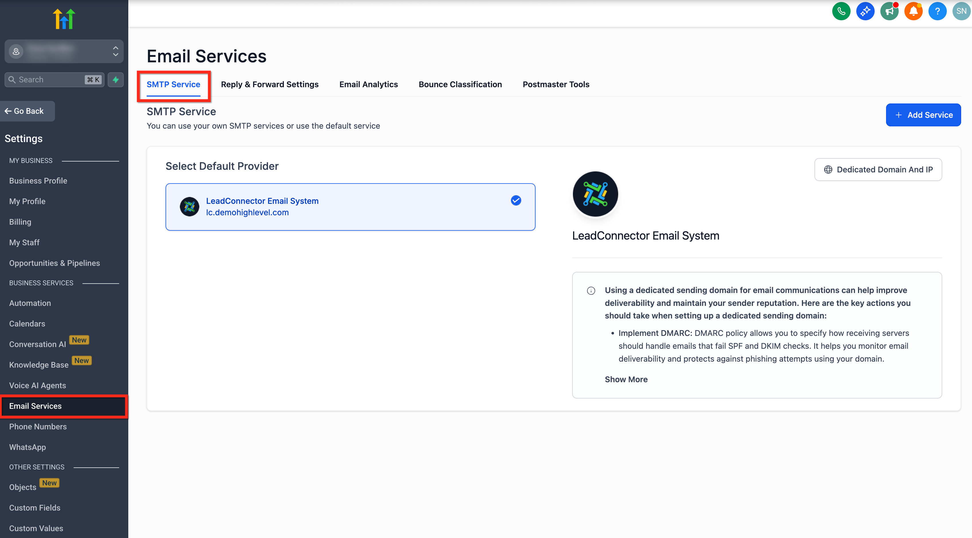 SMTP Service tab in sub-account Email Services