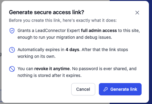 Generate secure access link confirmation window Generate secure access link confirmation window