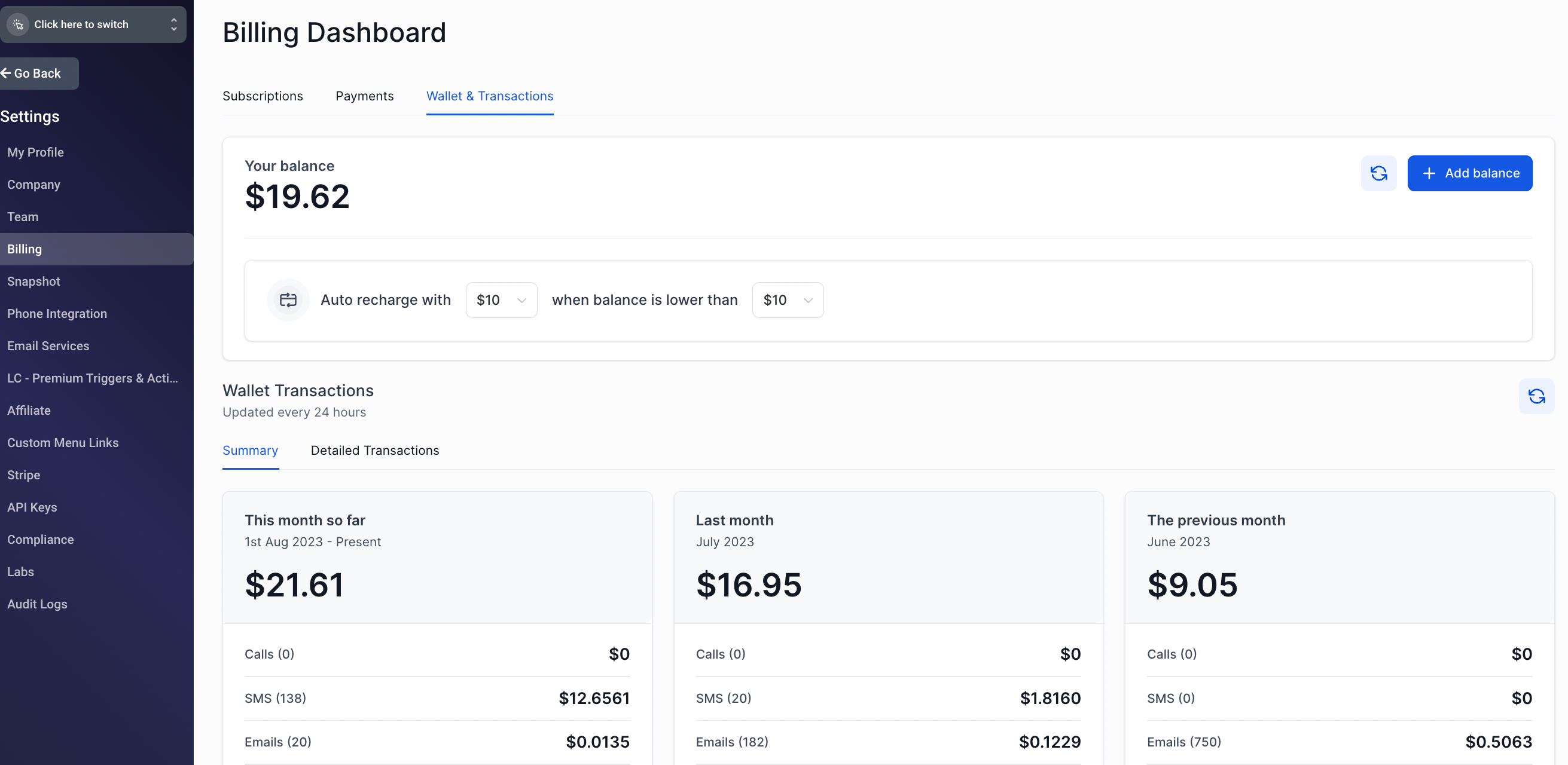 Wallet and Transactions page