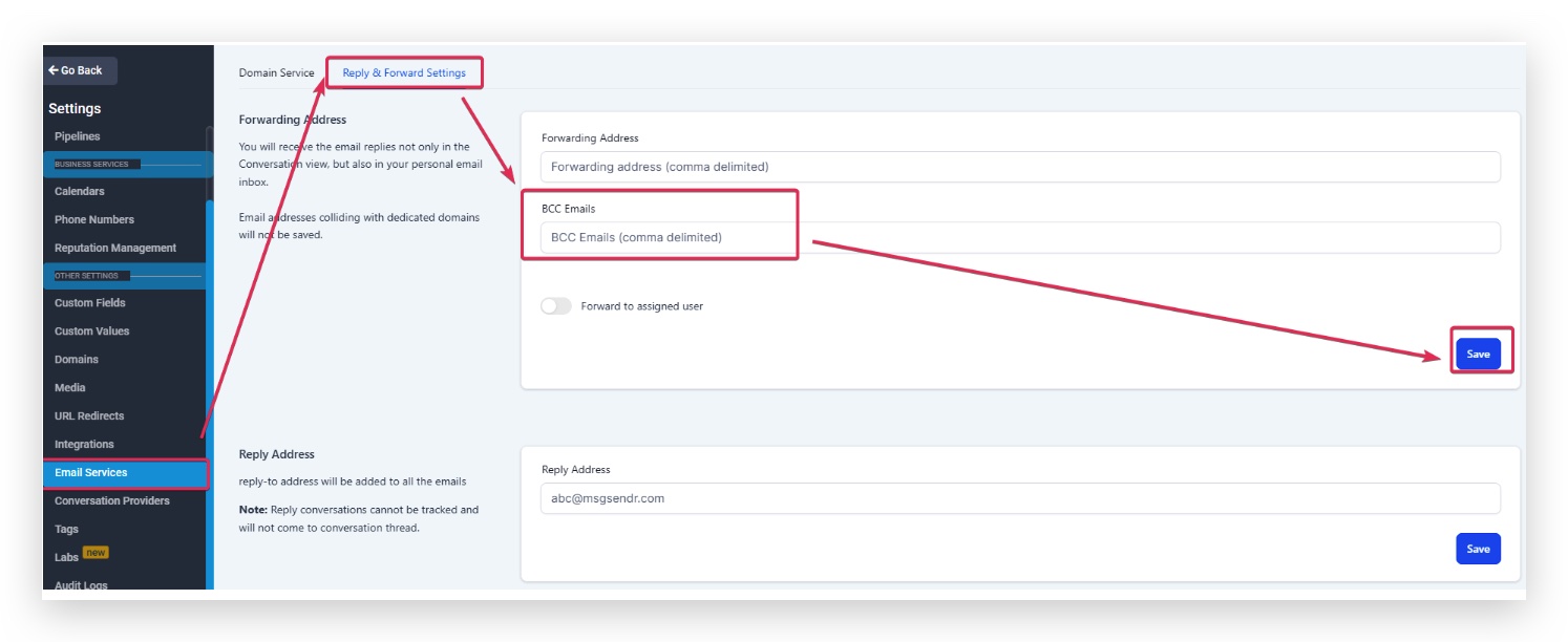 BCC email configuration