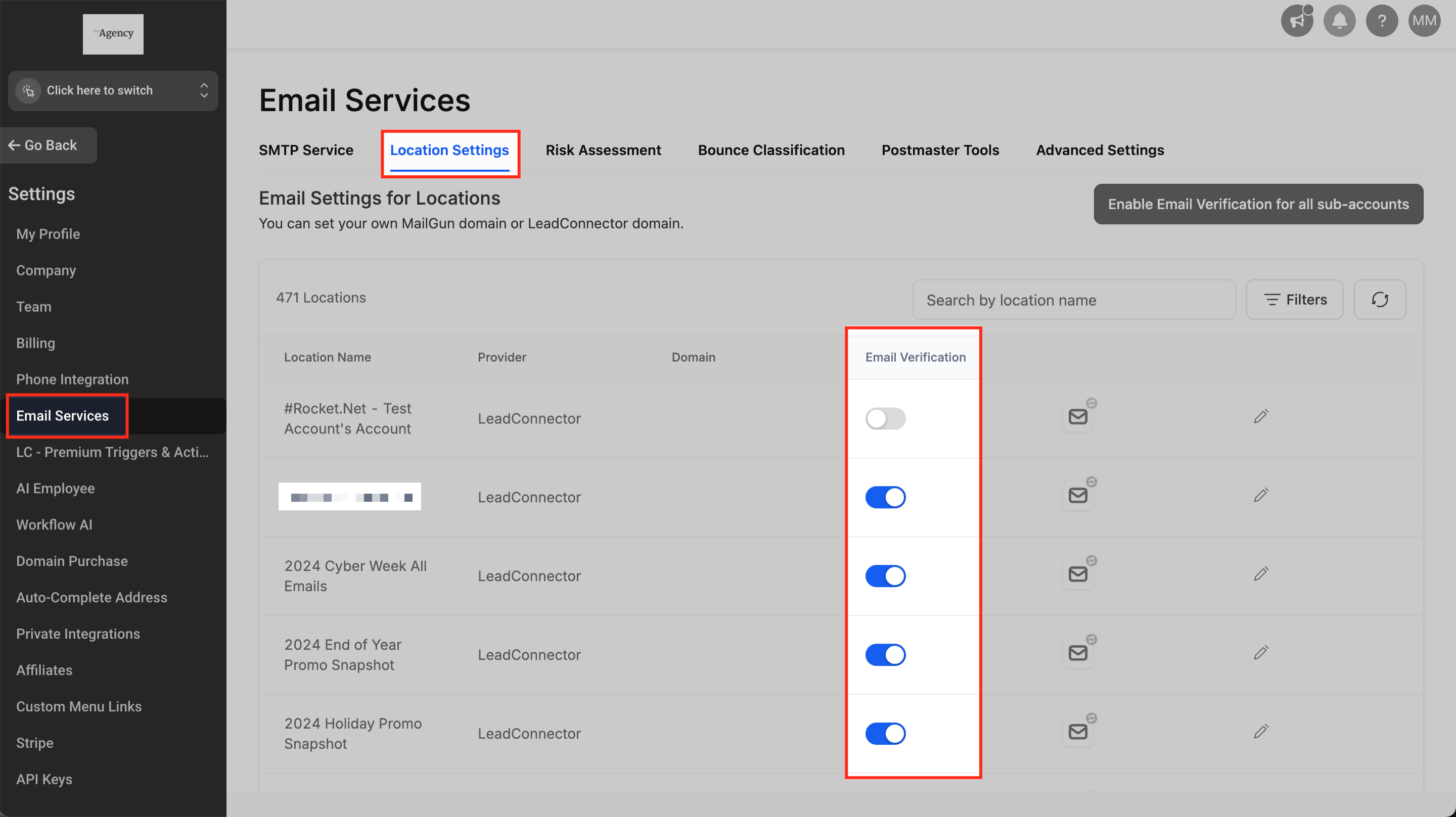 Email Services Location Settings panel