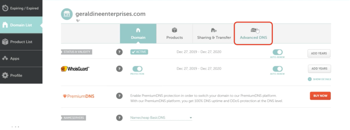 Namecheap Advanced DNS tab