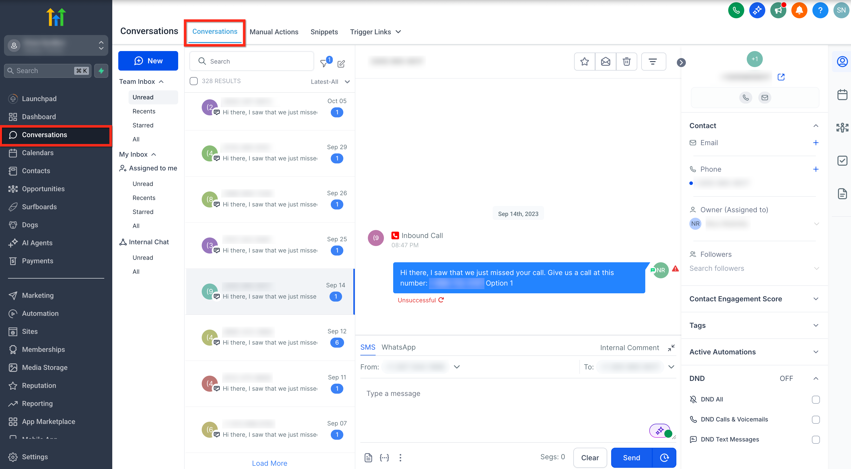 Locating the unsuccessful SMS log in Conversations
