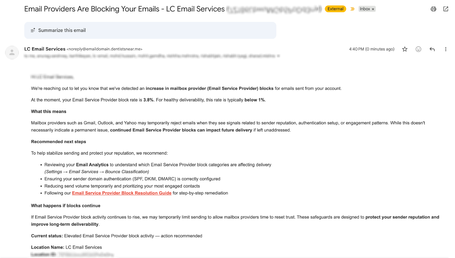 ESP block warning email example