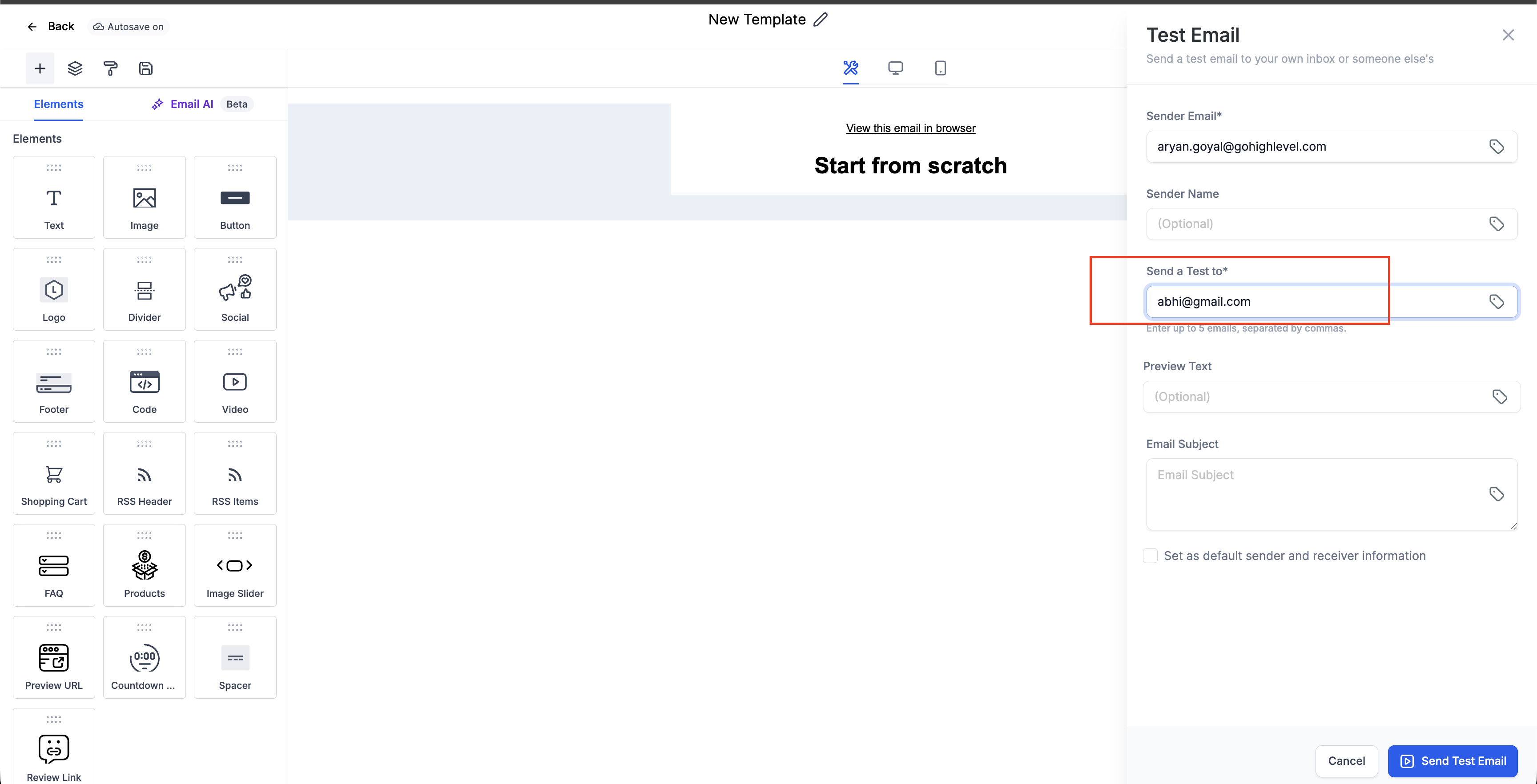 Email template editor where the sender details are set