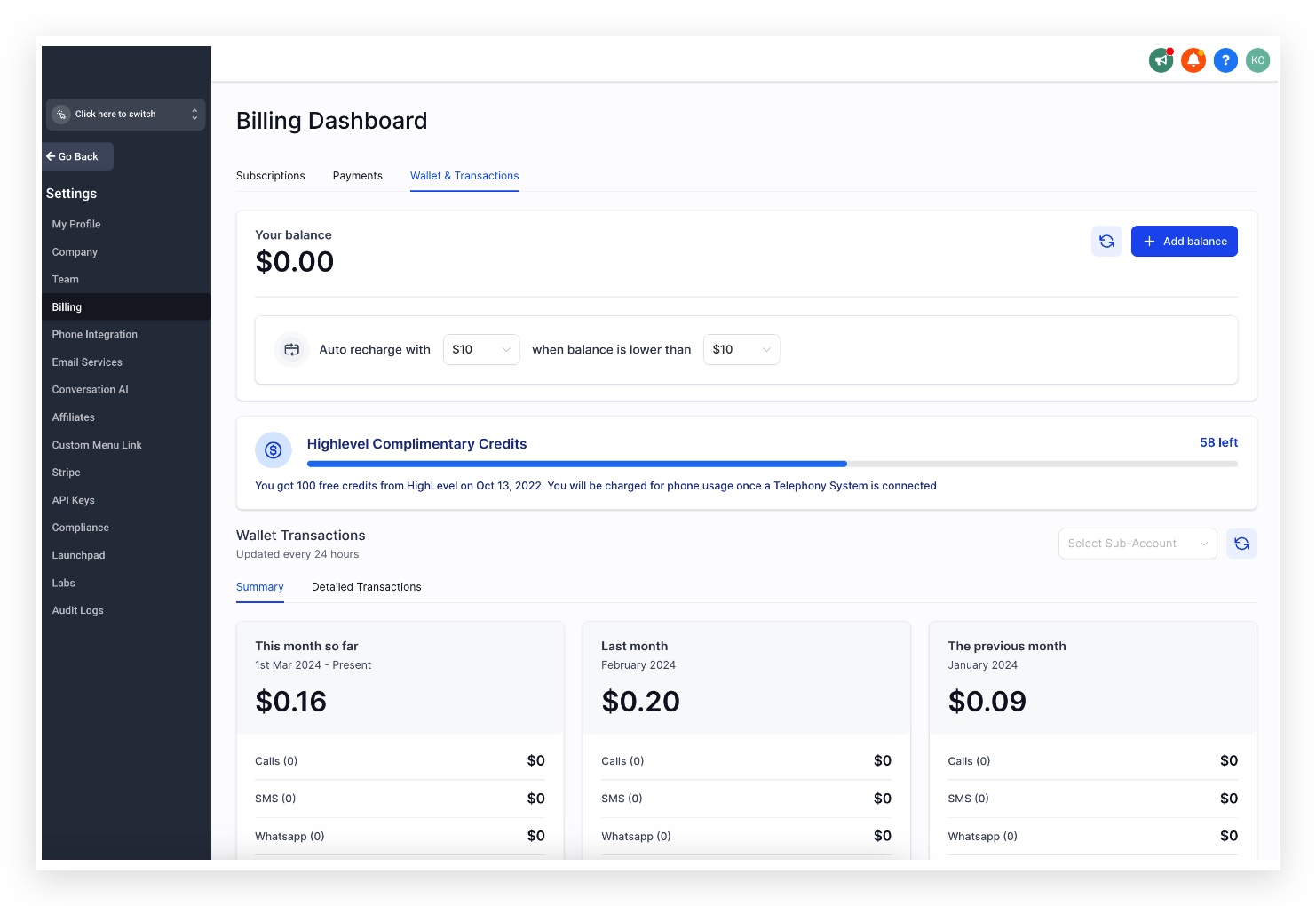 Agency Billing Credits view