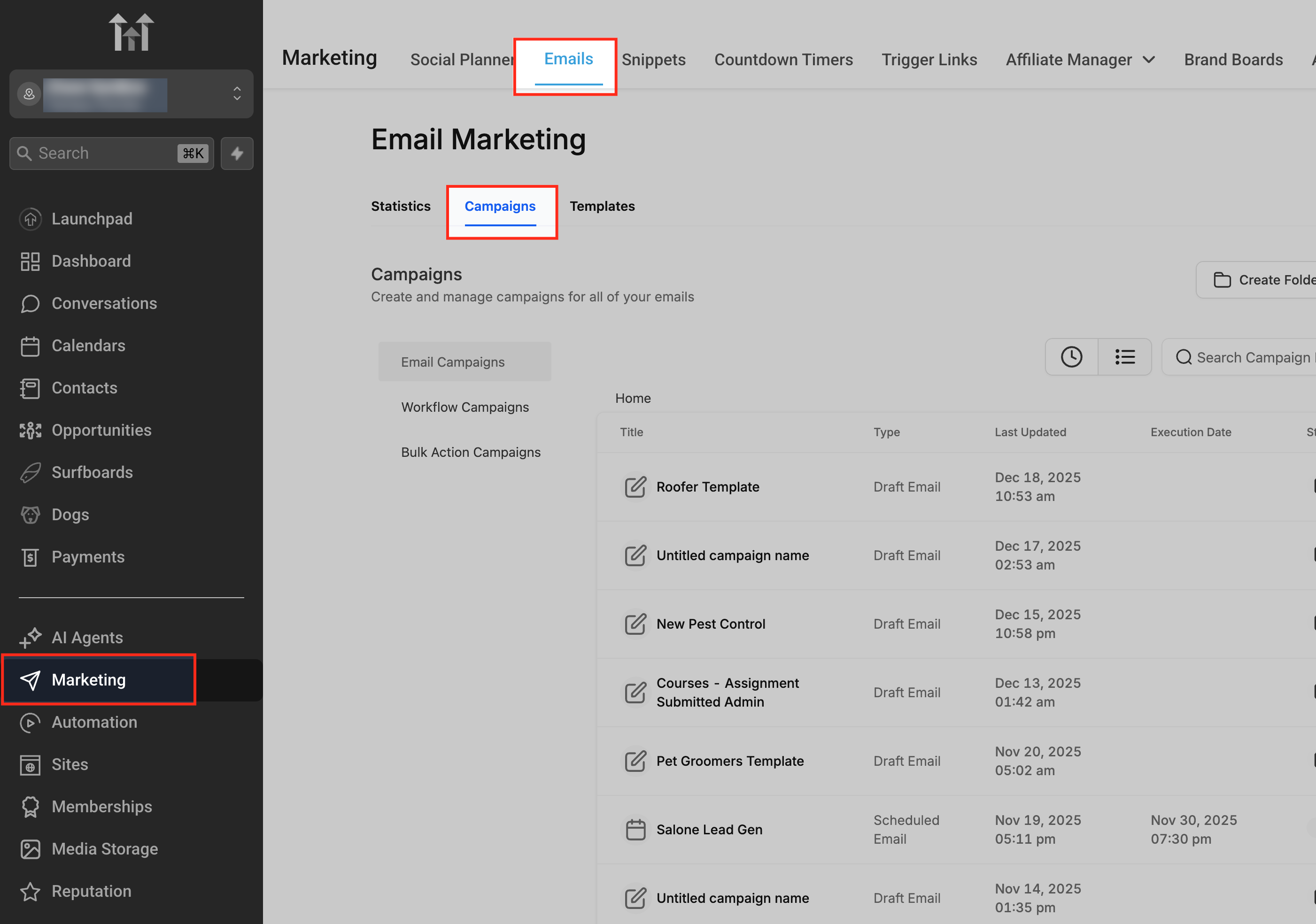 Navigating to Marketing, Emails, Campaigns