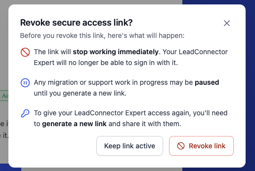 Revoke secure access link confirmation window Revoke secure access link confirmation window