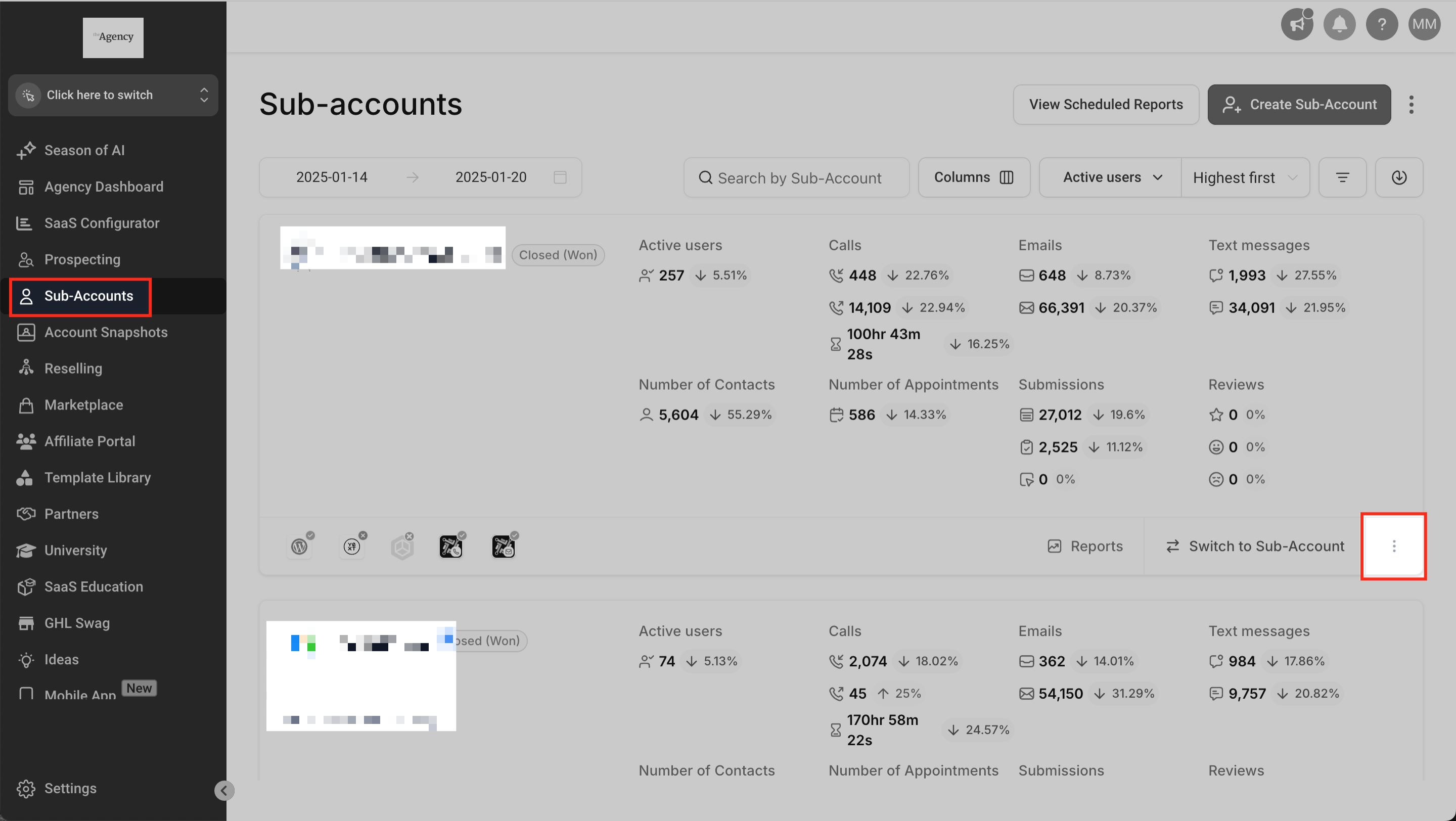 Subaccount card three-dot menu showing Manage Client option