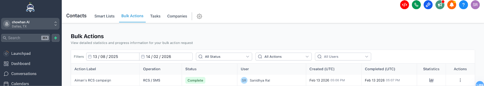 Bulk Actions tracking page showing delivery progress