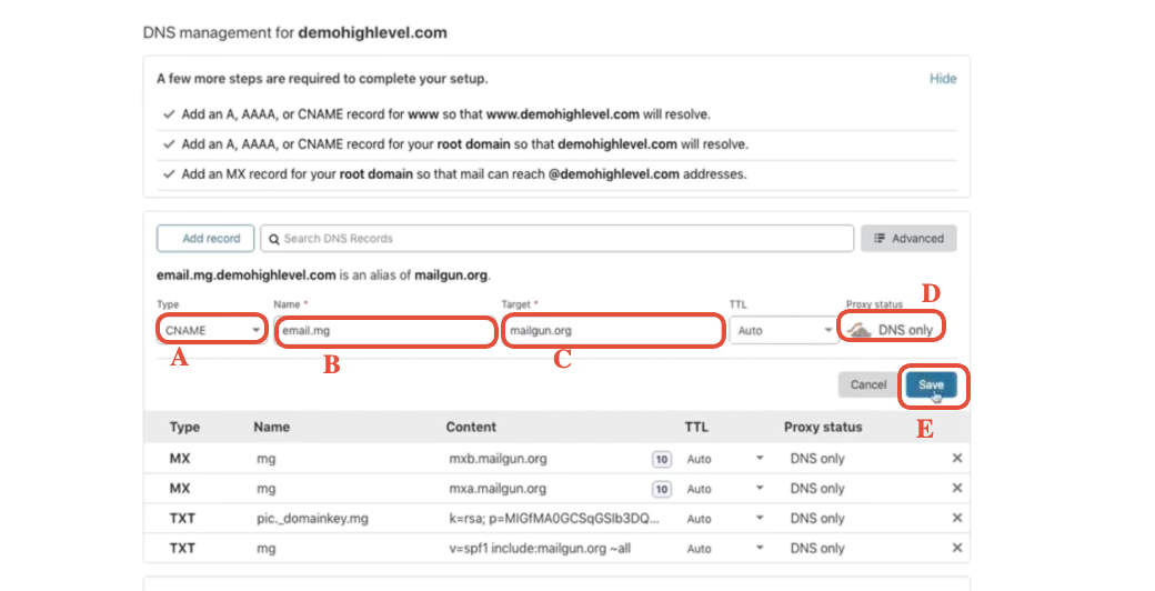 Add CNAME record form in Cloudflare