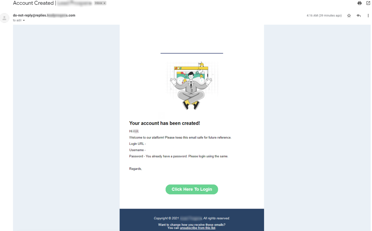 New user welcome with credentials