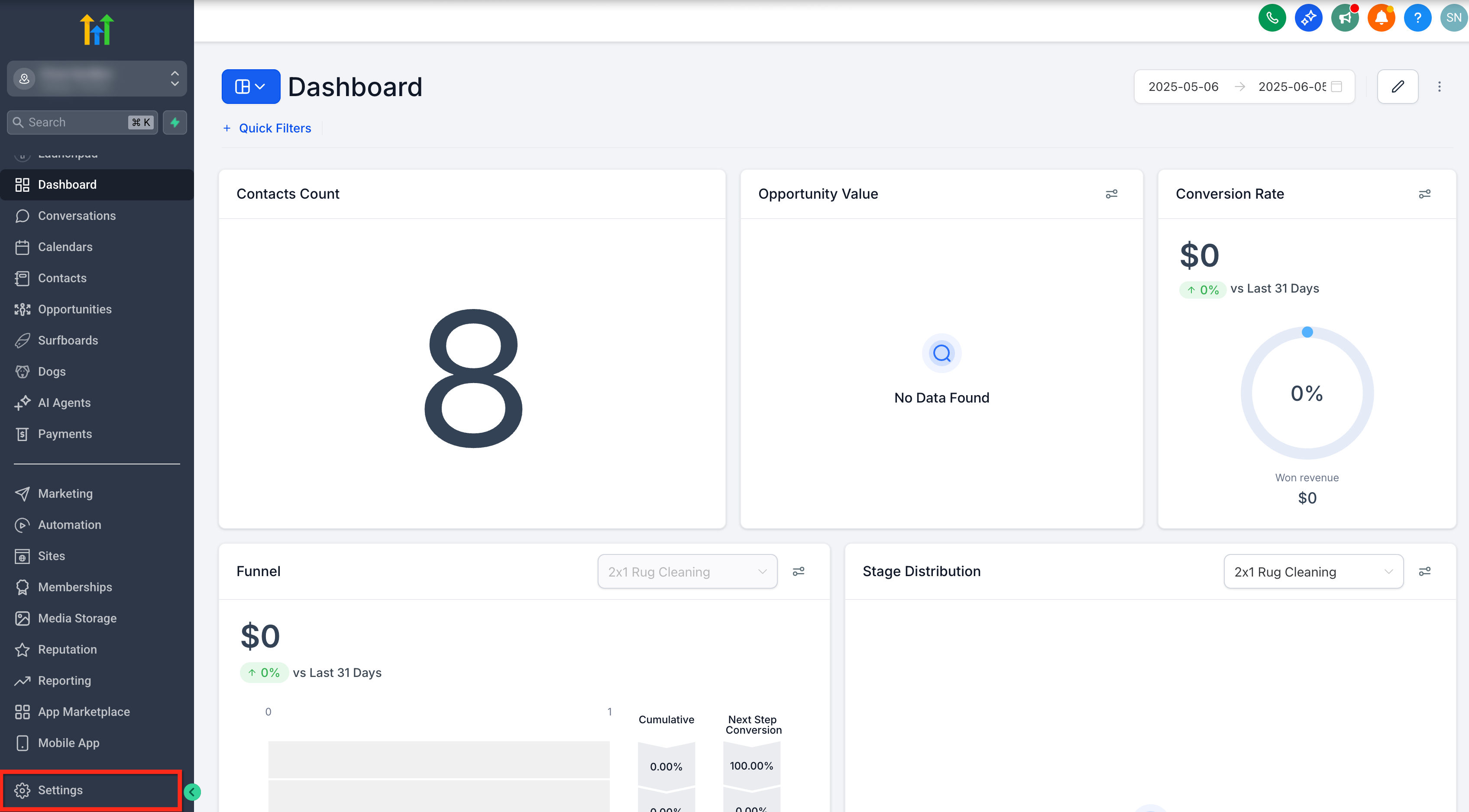Sub-Account Settings menu
