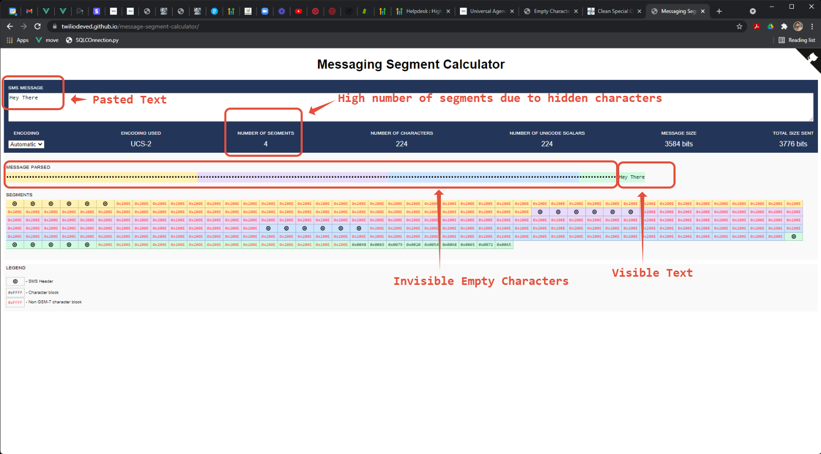 Hidden characters inflating a simple phrase to 4 segments