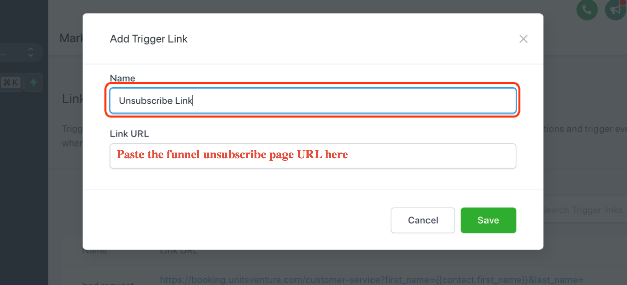 Trigger Link save dialog with Name and URL fields filled in
