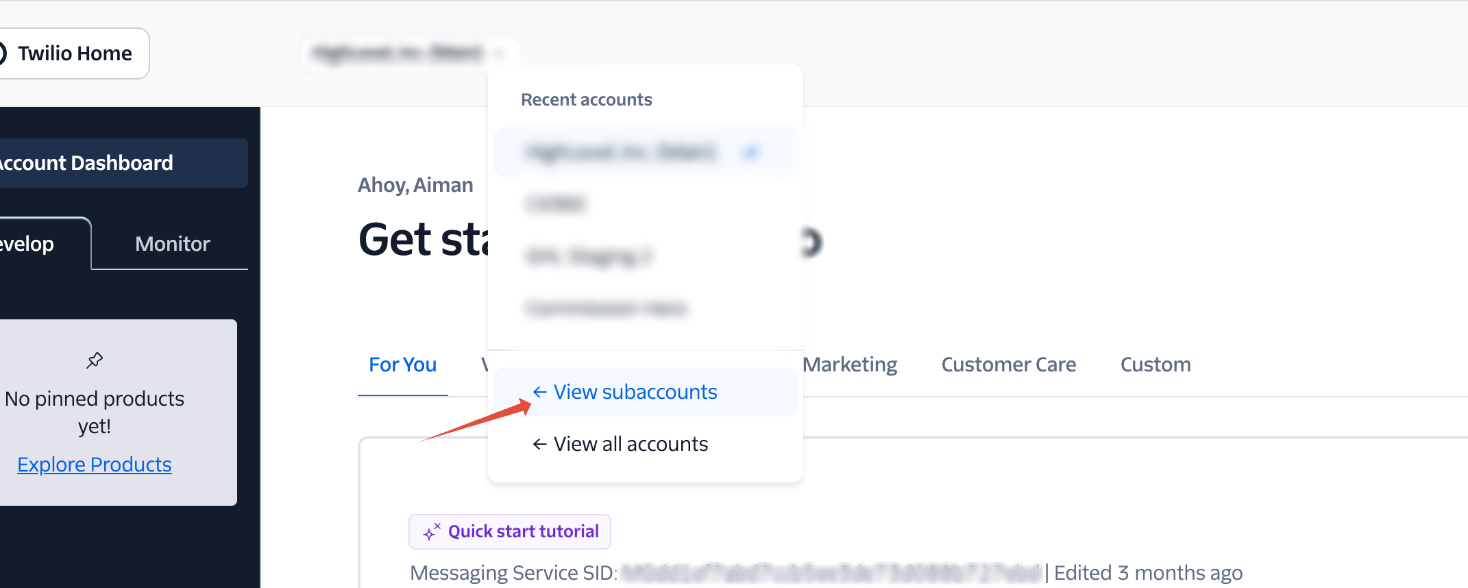 Twilio Account menu showing Subaccounts option