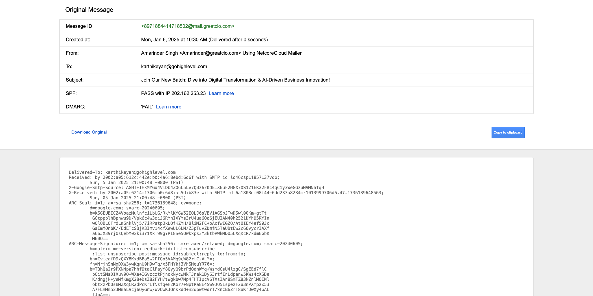 DMARC FAIL example in Gmail email header