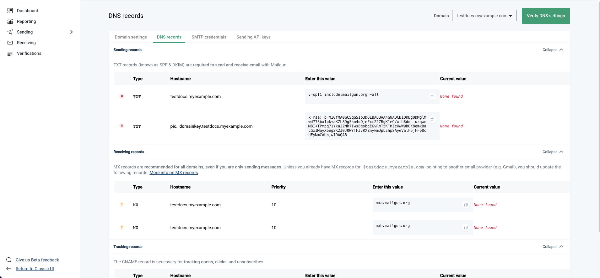 Mailgun DNS records screen to keep open for the next step