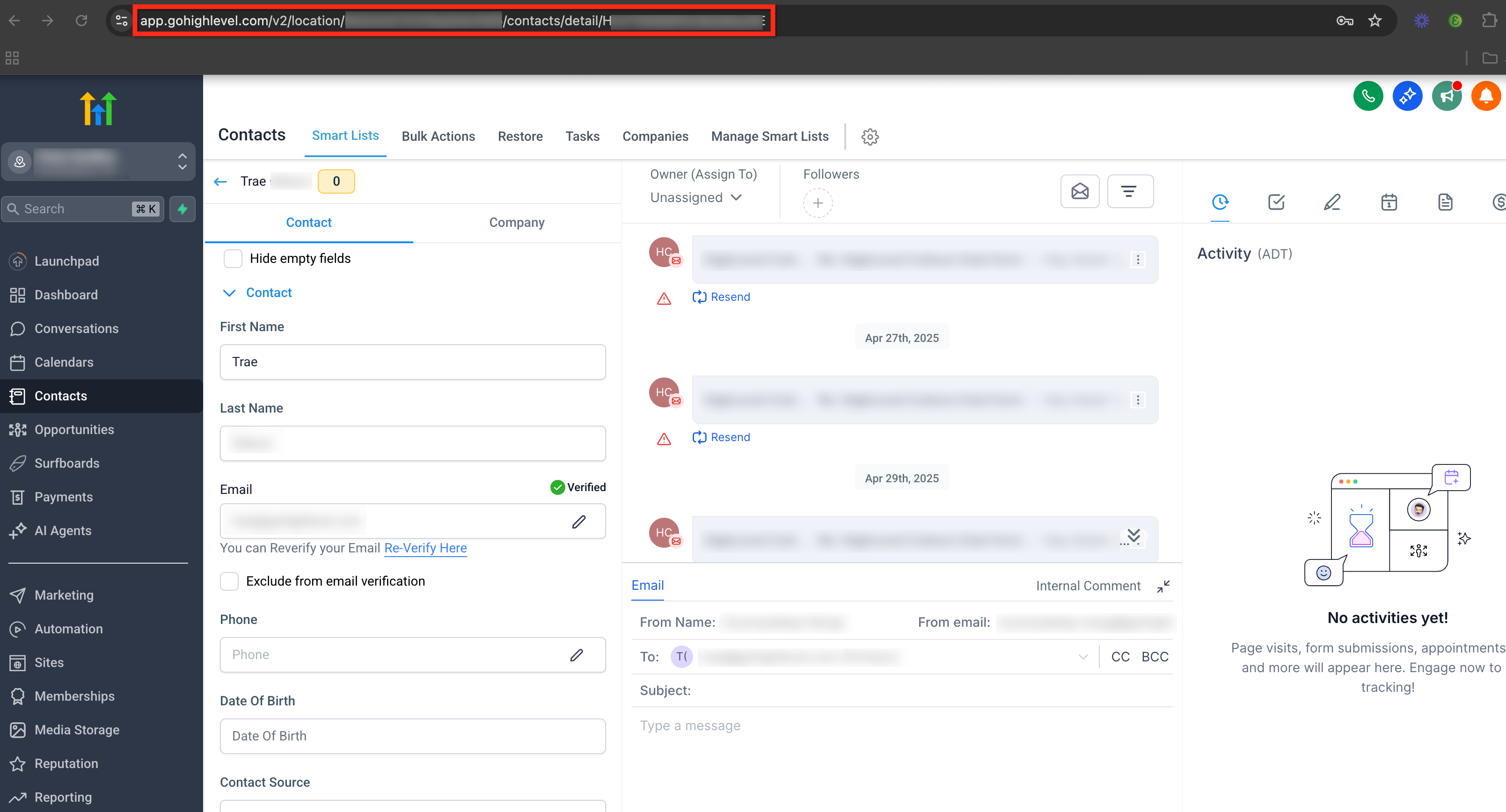 Copying the contact conversation URL from the browser address bar