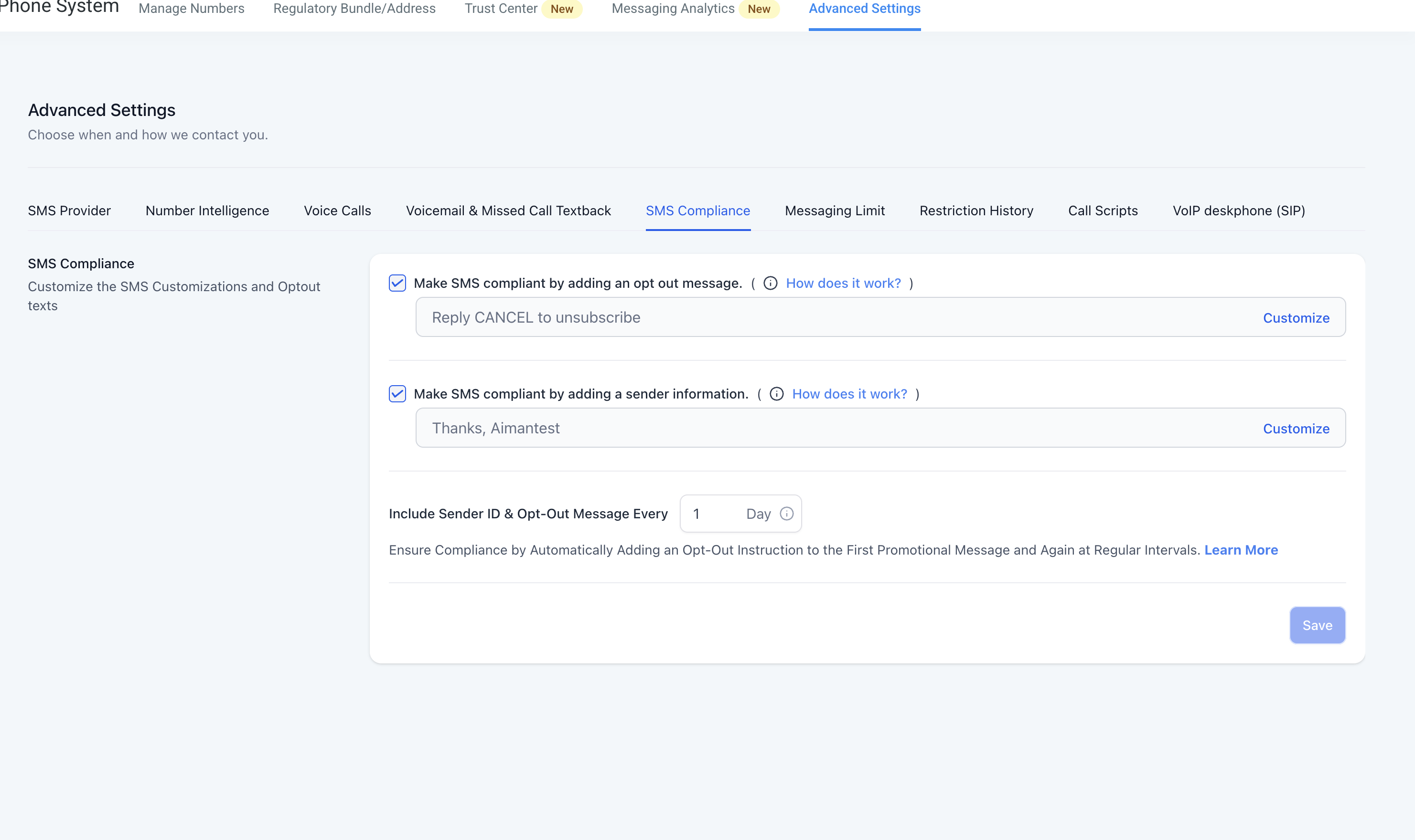 SMS compliance settings screen for the opt-out message