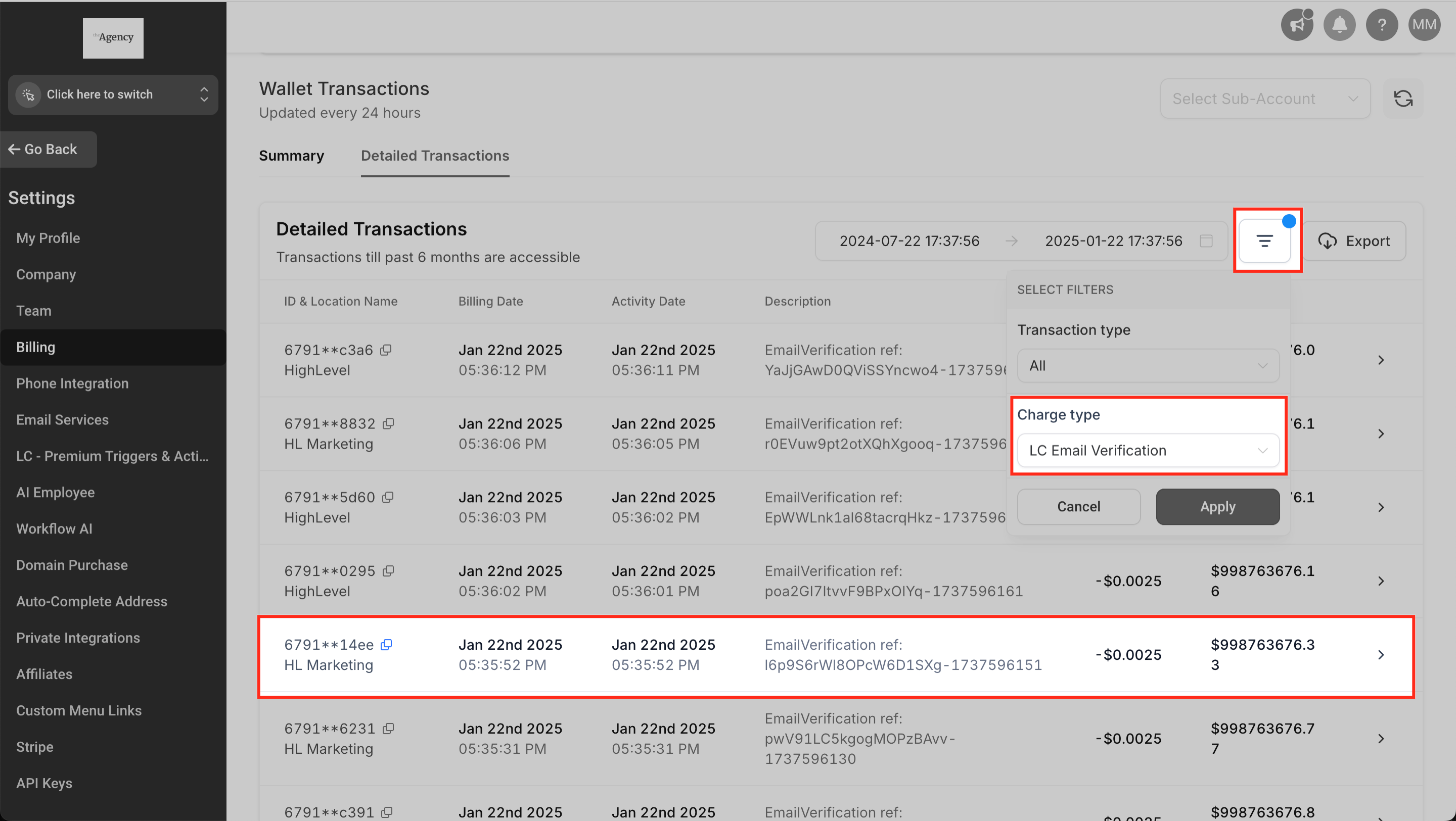 Filtering transactions to show only Email Verification charges