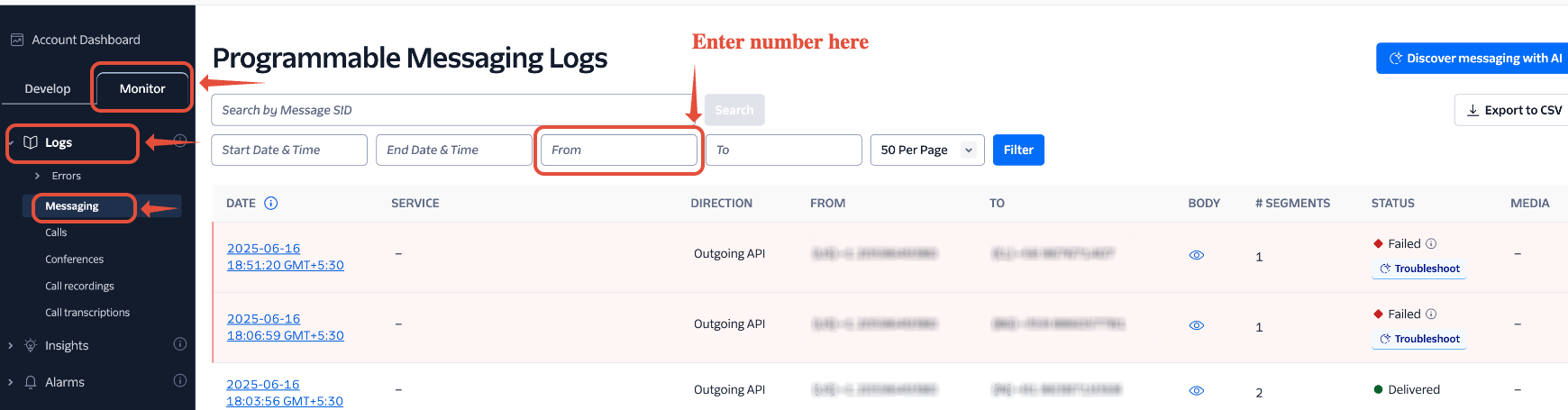 Twilio Messaging logs filtered by phone number