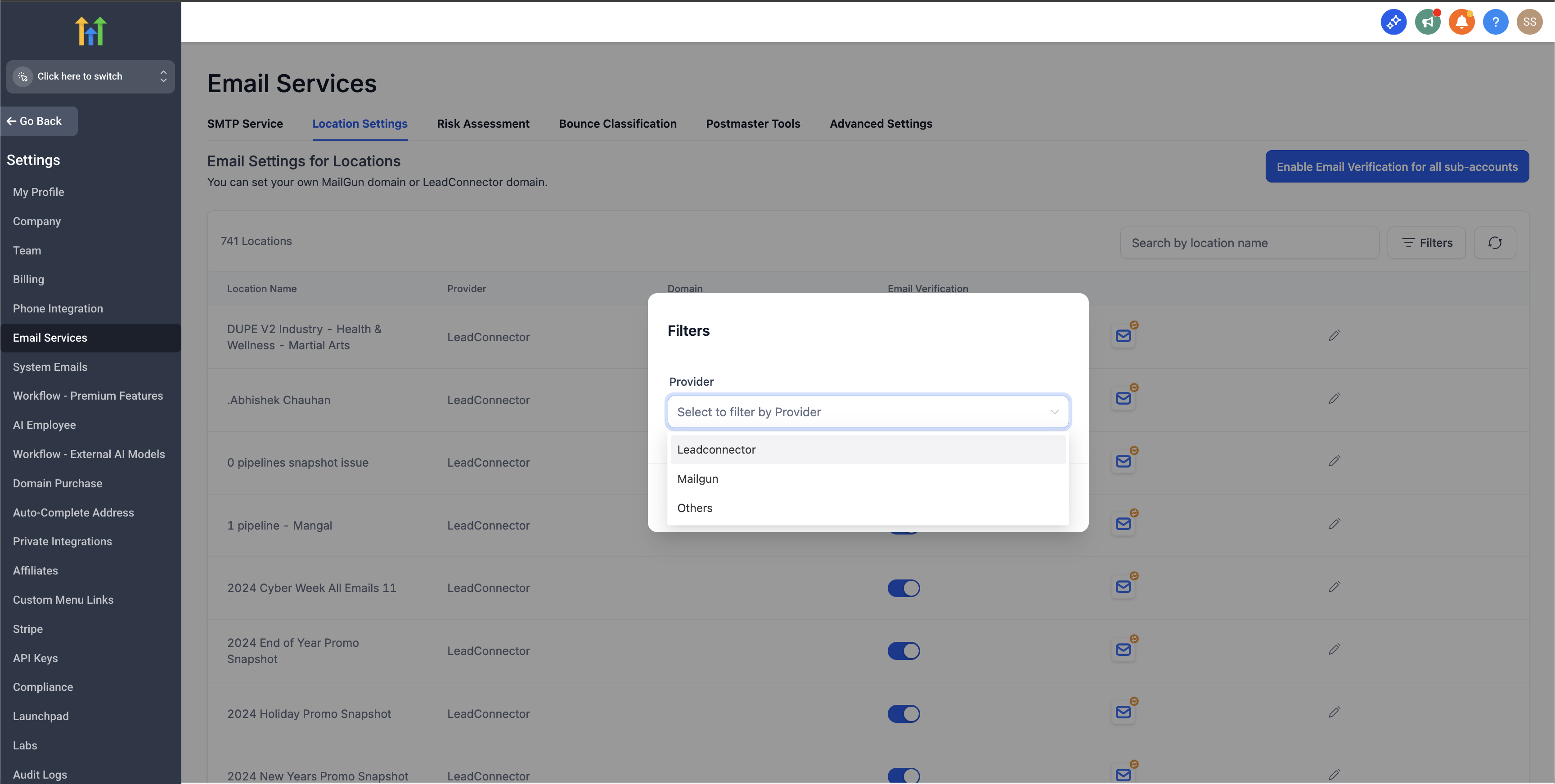 Agency view — filter sub-accounts by email provider, domain, and verification status
