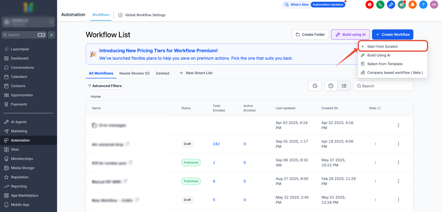 Start from Scratch option selected with Create New Workflow button