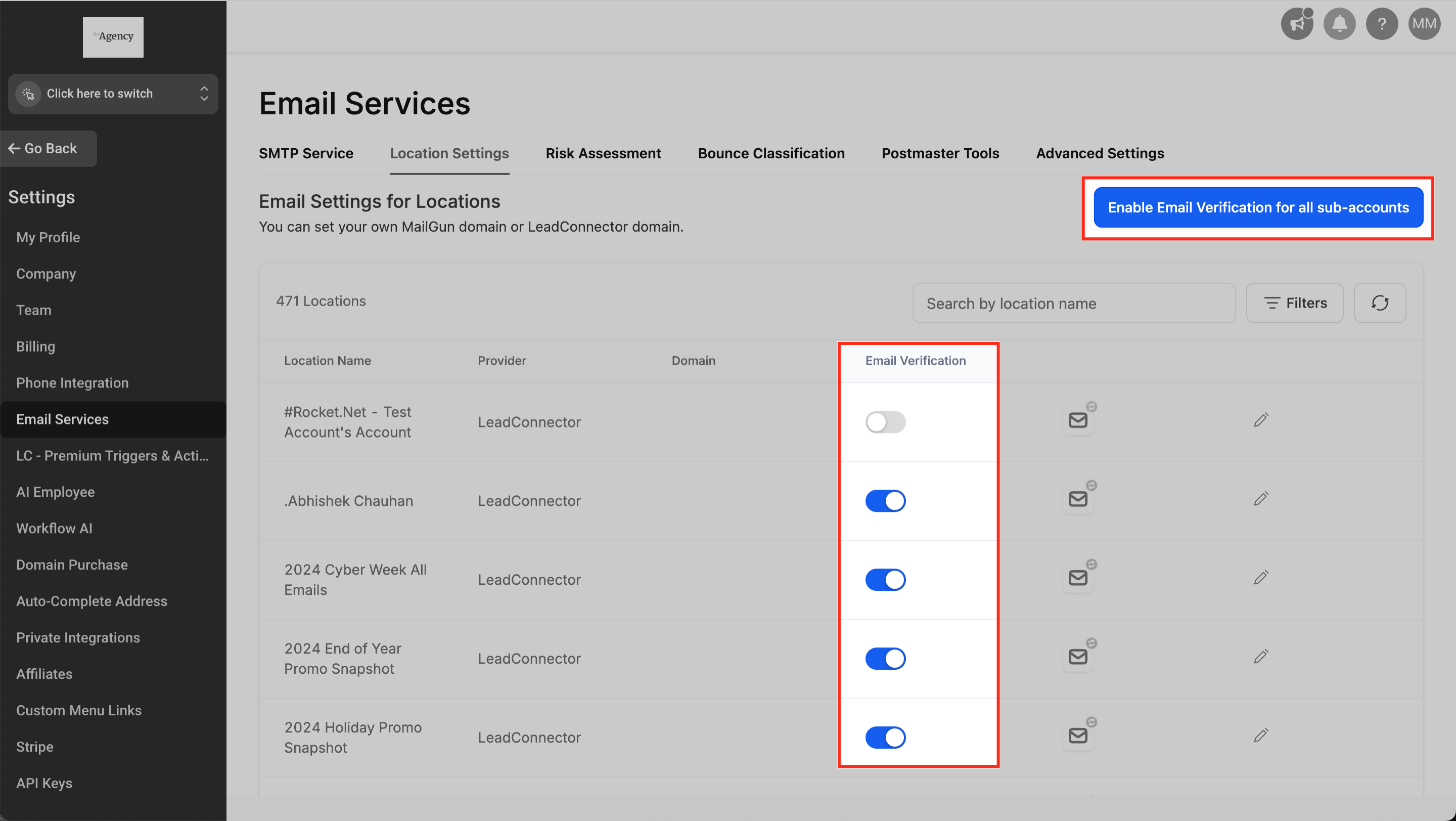 Toggle Email Verification per subaccount
