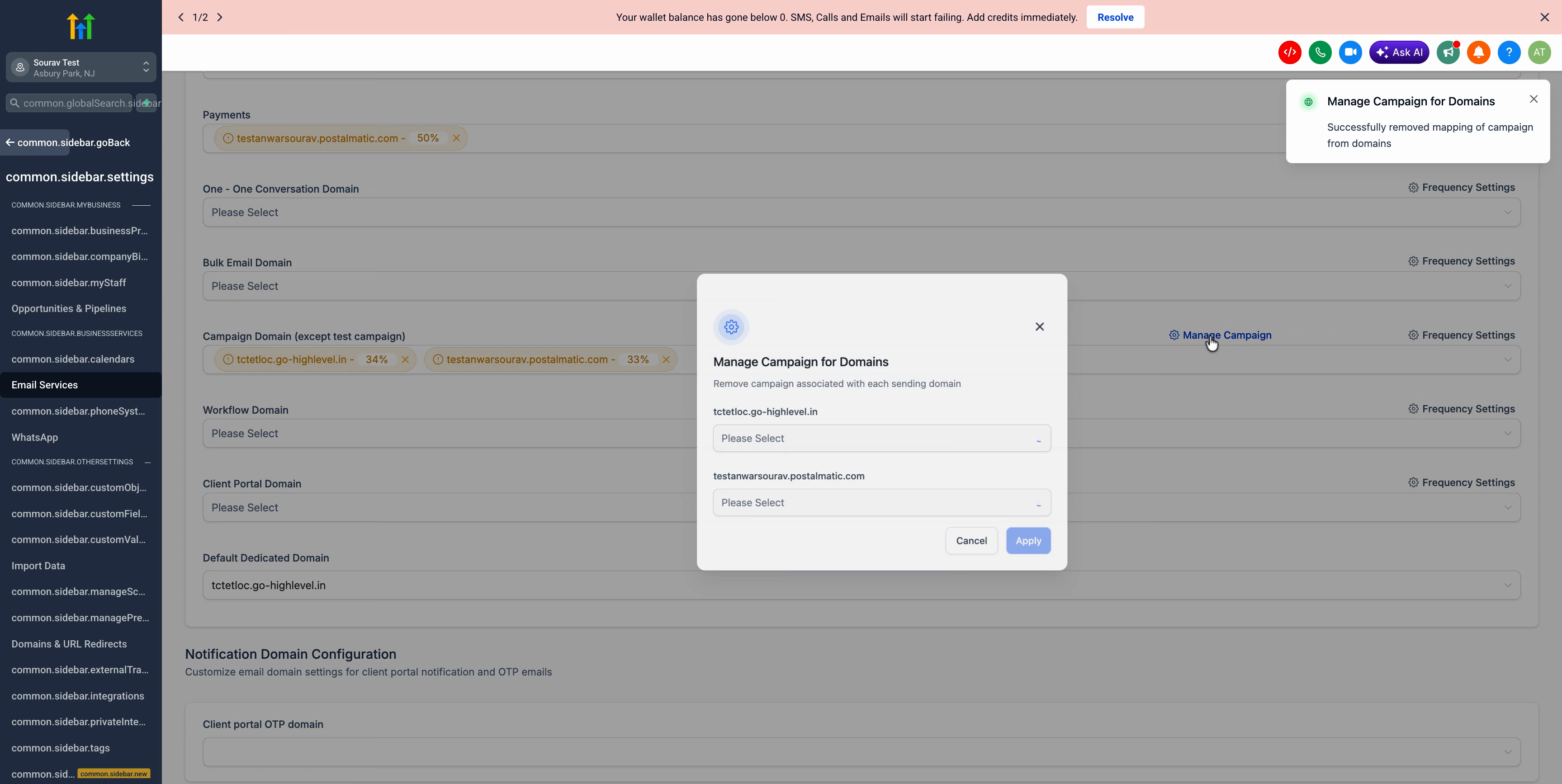Manage Campaign list now empty, confirming all campaigns are unlinked