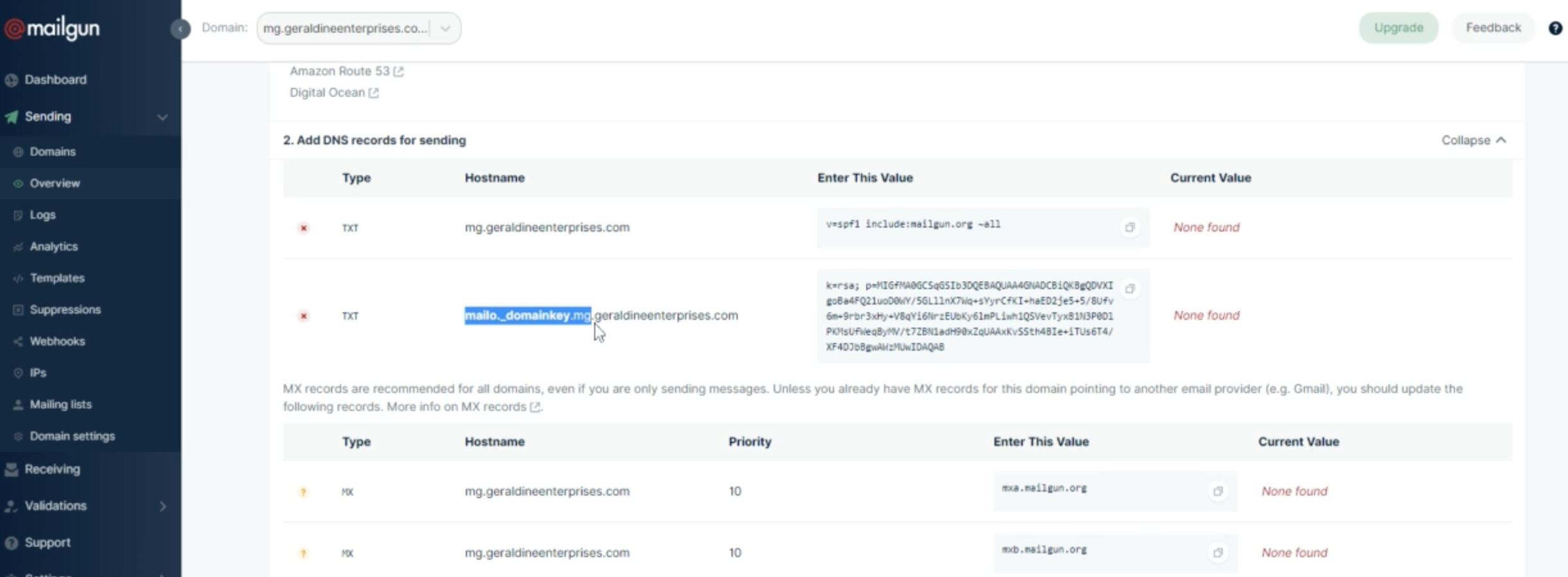 Mailgun host value highlighted up to the subdomain