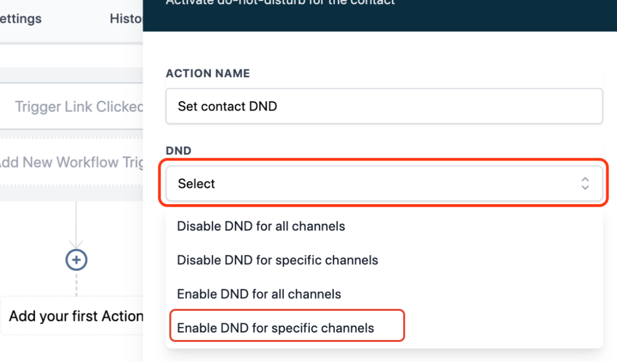 Enable DND for Specific Channels dropdown