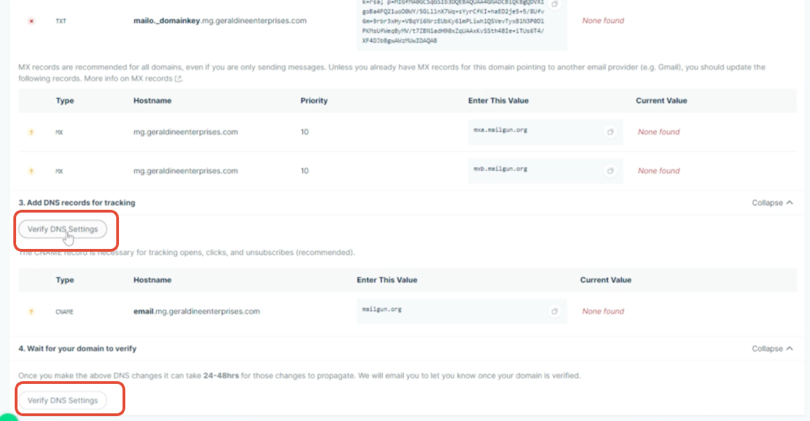 Mailgun Verify DNS Settings results
