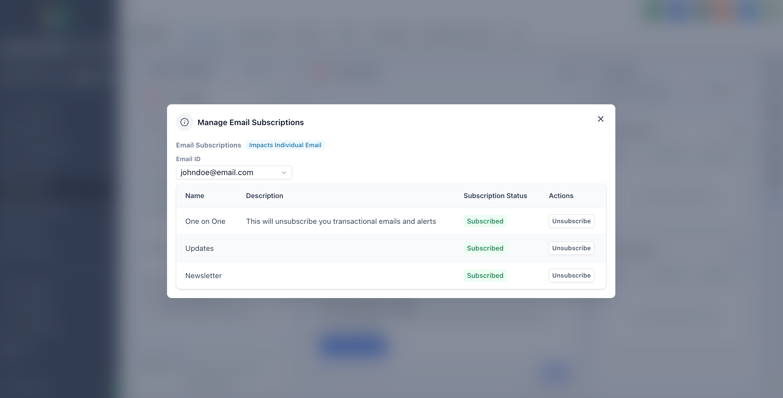 Manage Email Subscriptions popup