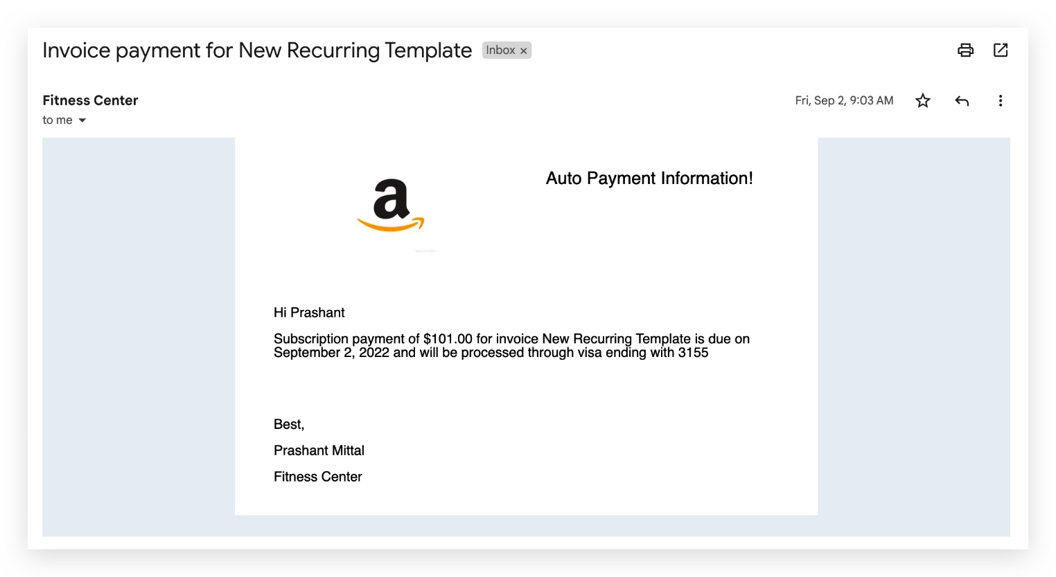 End customer — upcoming auto-payment notice