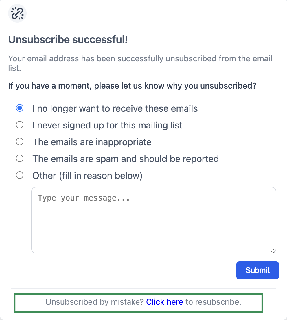 Unsubscribe success page with Resubscribe CTA