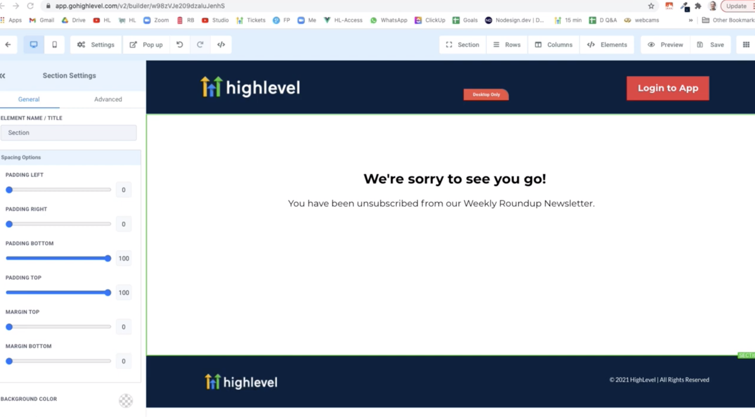 Example unsubscribe landing page in the funnel builder