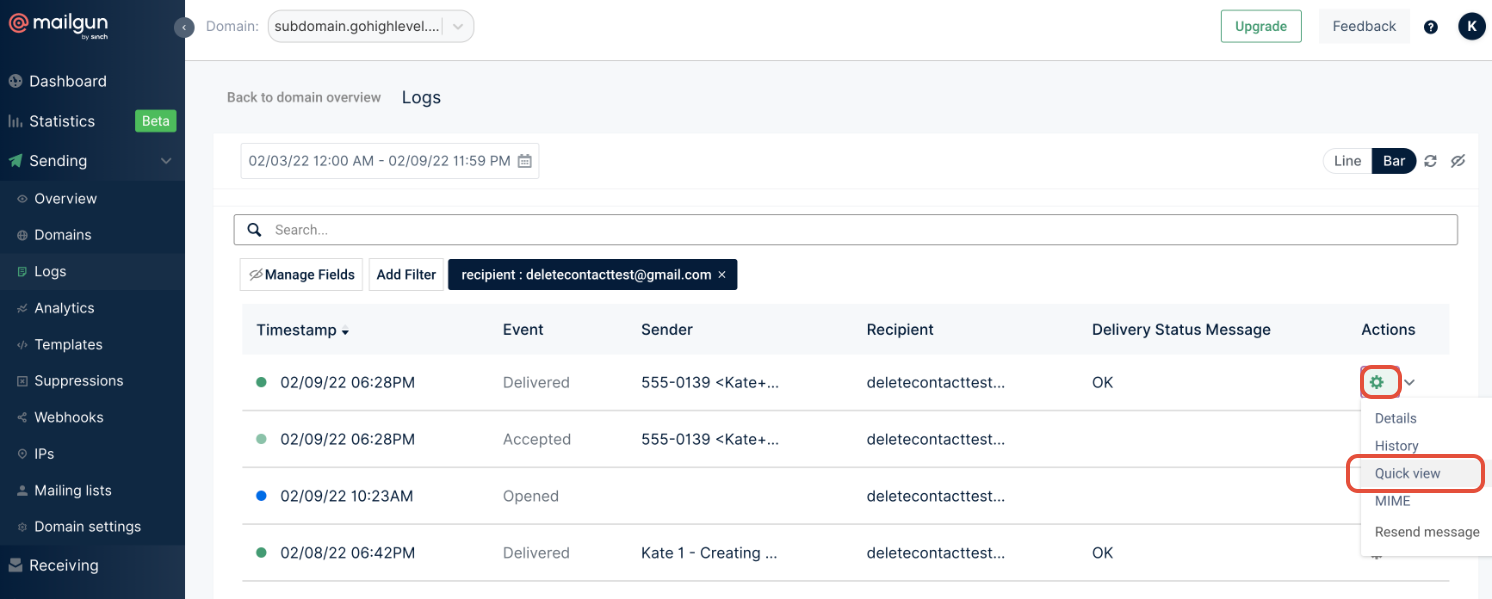 Quick view of a Mailgun log entry