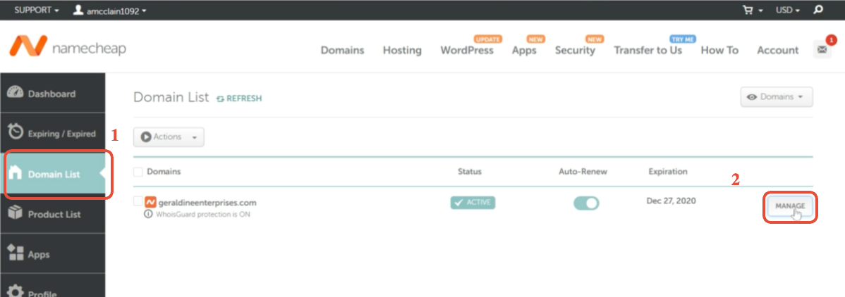Namecheap Domain List with Manage button