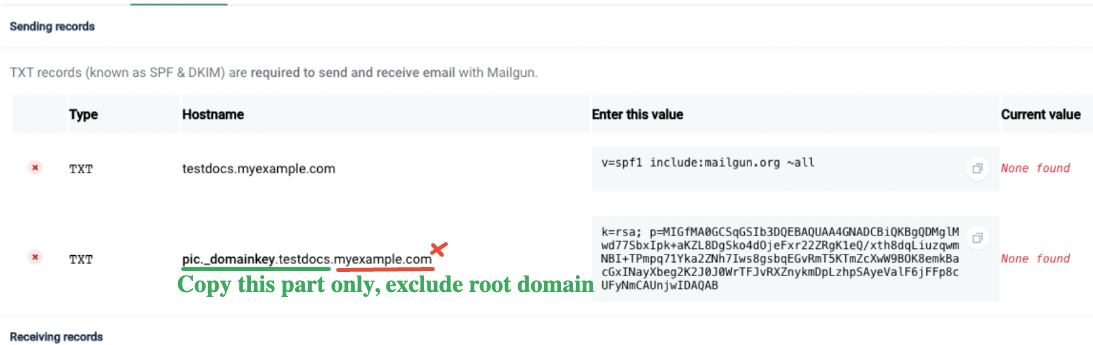 Example of the Host field for the DKIM record