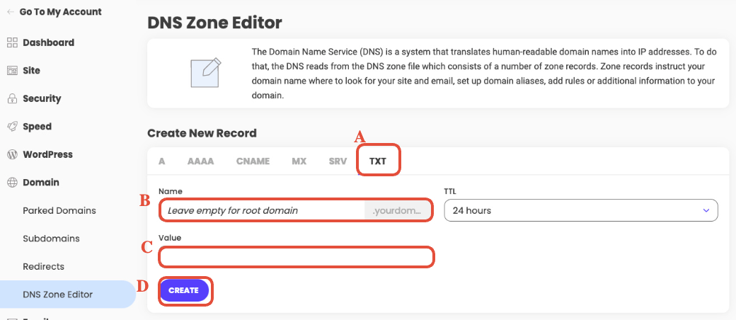 Adding a second record in SiteGround DNS Zone Editor