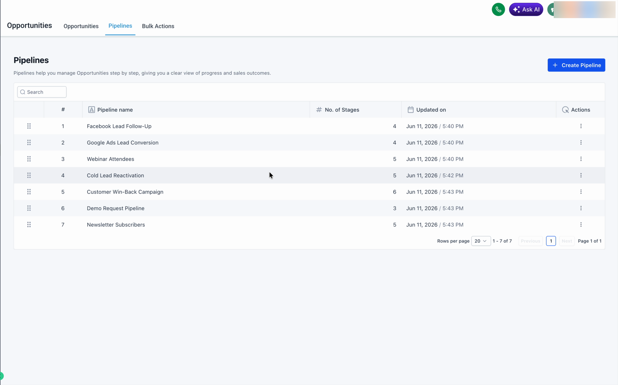 The Pipelines list showing the updated order