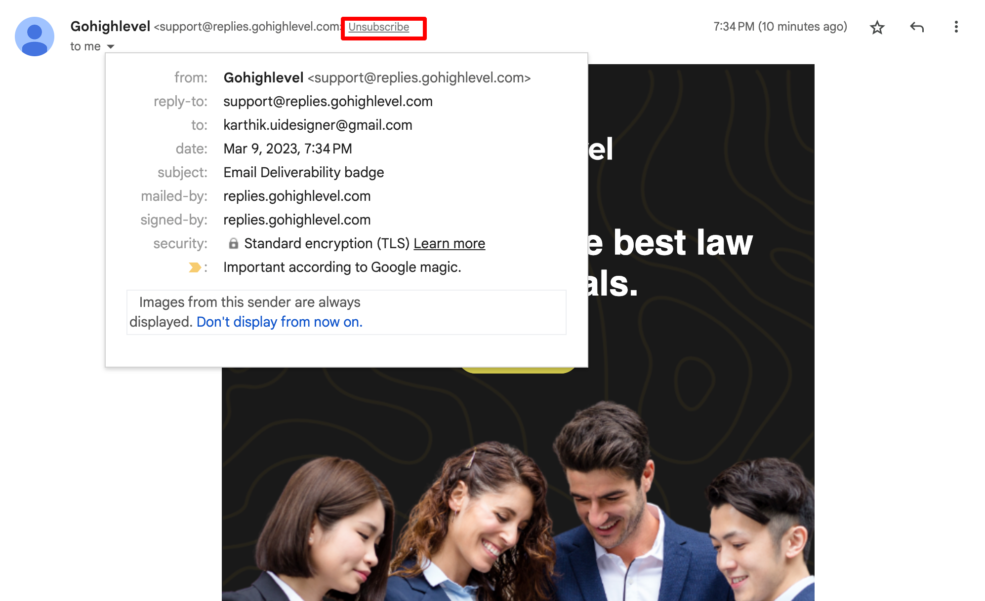 Example of the list-unsubscribe header displayed in an email client