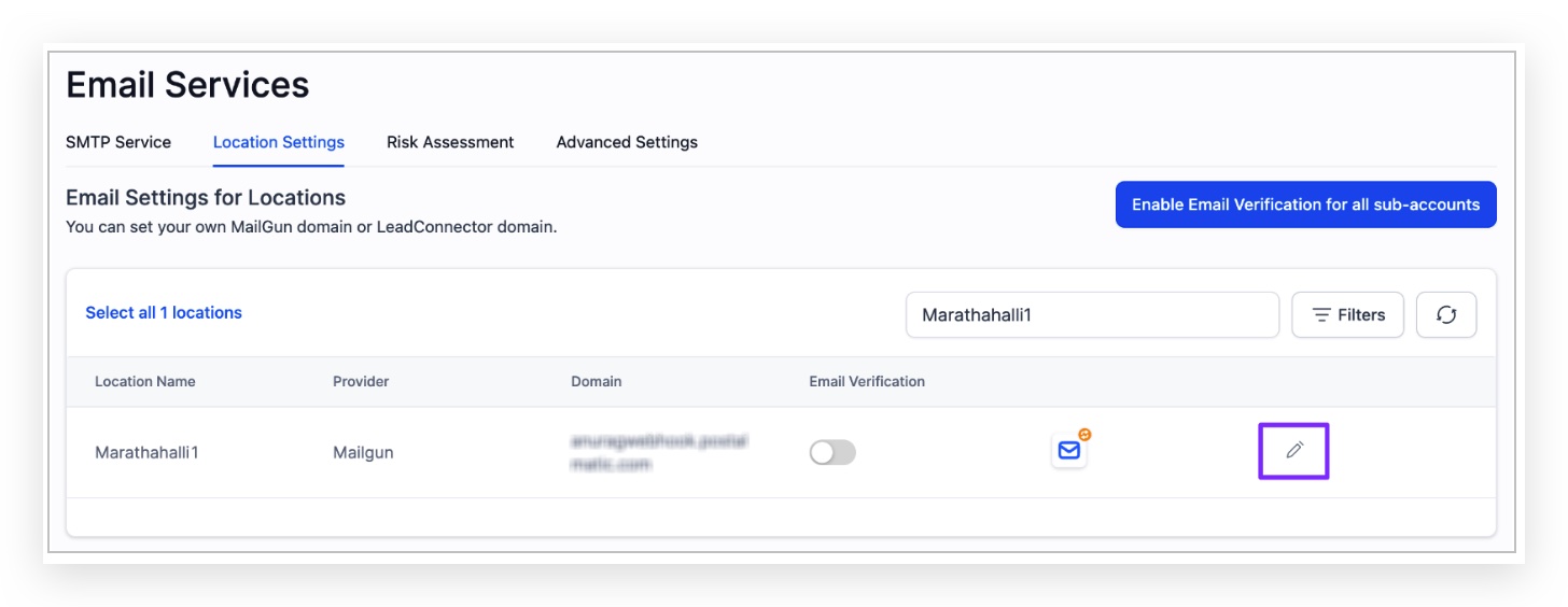 Location Settings list with Pencil edit icon for a sub-account