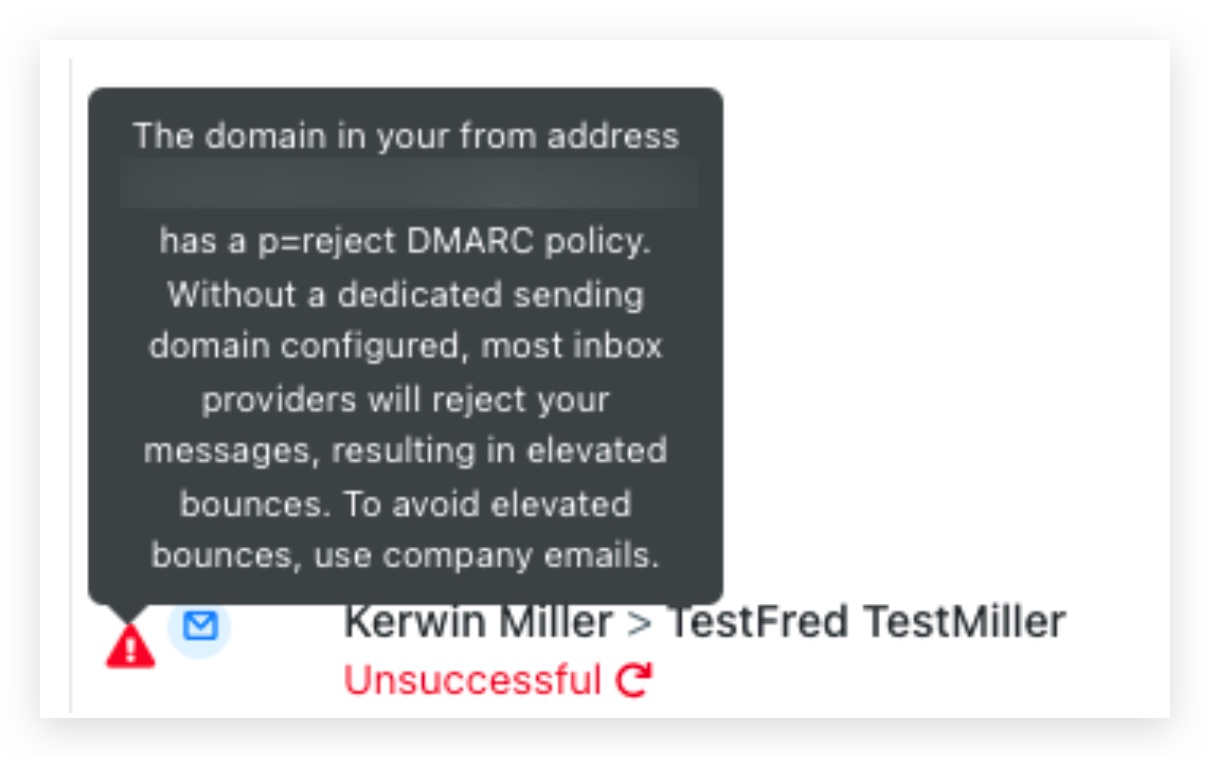 DMARC policy error message shown in the email sending interface