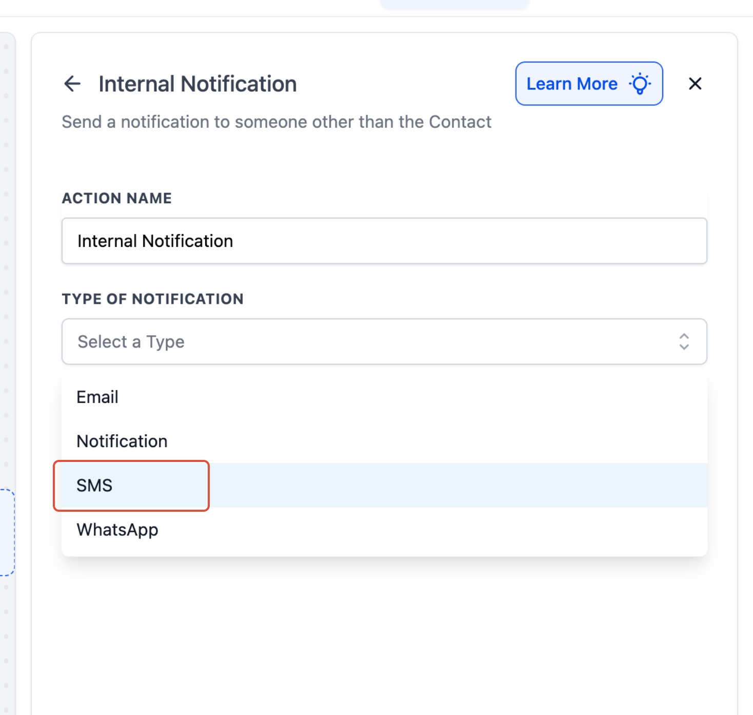 Internal notification configuration panel