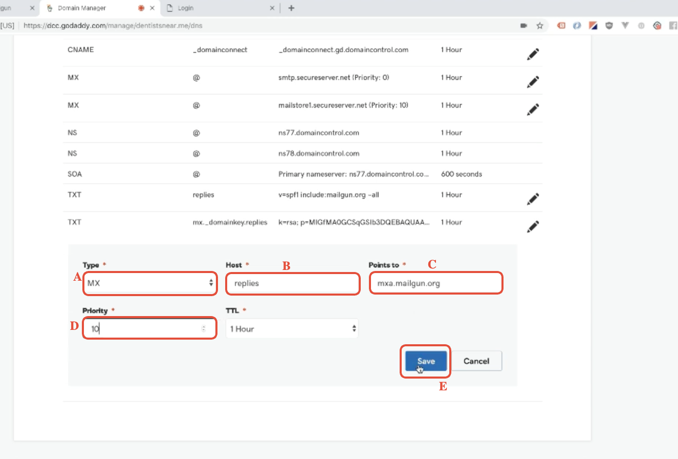 Completed first MX record in GoDaddy