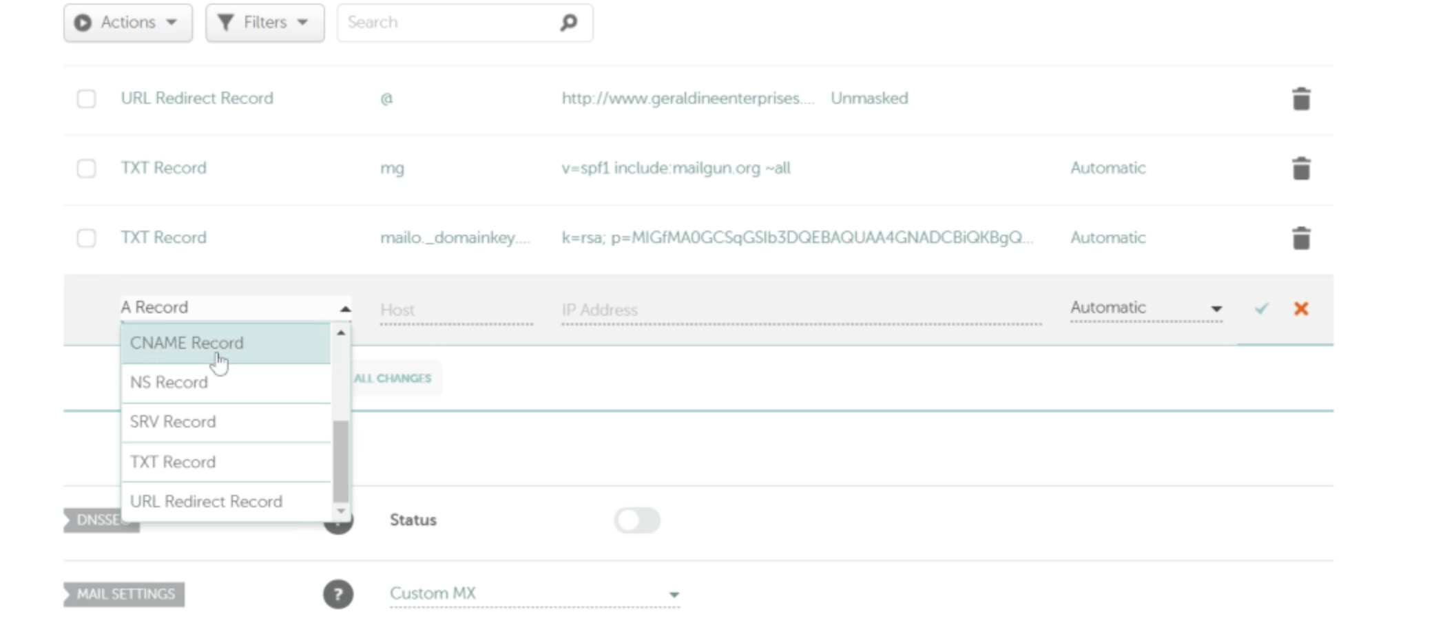 CNAME Record selected in record type dropdown